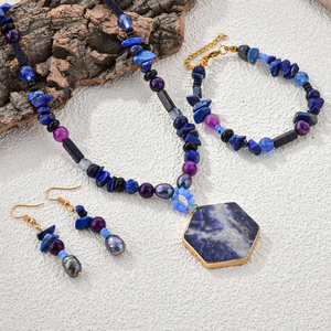 Ensemble de bijoux de mode perlés à la mode pour femmes avec collier/boucles d'oreilles/bracelet en lapis-lazuli et améthyste pour une tenue décontractée et de fête - Product Image 2