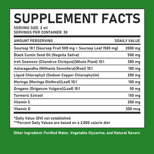 Gouttes liquides de corossol avec huile de cumin noir, Ashwagandha, Moringa, curcuma, vitamines C et D pour la santé intestinale et le soutien immunitaire - Product Image 5
