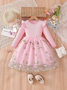 Robe longue à manches longues pour filles, style <span class=keywords><strong>princesse</strong></span>, douce, à fleurs, à volants, patchwork, en maille, pour le printemps et l'automne - Product Image 2