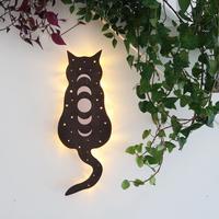 Décoration murale en bois gravé style bohème nordique Nicro, motif chat, lune, papillon, avec lumière LED nocturne