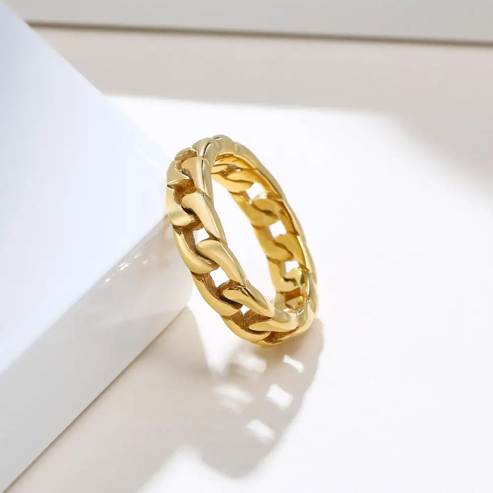 RFJEWEL Wholesale Fashion Cast chain shape ring for women and ladies stainless steel 18k gold plated fashion ring for female