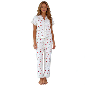 Conjunto de <span class=keywords><strong>Pijama</strong></span> con Estampado de Cerezas para <span class=keywords><strong>Mujer</strong></span> - Ropa de Dormir de Gran Venta con Ribete Bordado Soluble en Agua, <span class=keywords><strong>Manga</strong></span> <span class=keywords><strong>Corta</strong></span> y Pantalones Largos - Product Image 6