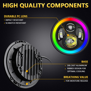 ไฟหน้าทรงกลมขนาด 7 นิ้ว รุ่น Wrangler เลนส์คู่ <span class=keywords><strong>LED</strong></span> พร้อมไฟ Angel Eyes สีสันสดใส <span class=keywords><strong>H4</strong></span> สำหรับรถจี๊ป ฮาร์เลย์ และรถยนต์ทั่วไป 6000K 12V 24V - Product Image 3