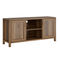 Meuble TV en bois à portes cannelées couleur Noyer Profond, Meuble multimédia moderne avec passe-câbles et étagère réglable pour salon