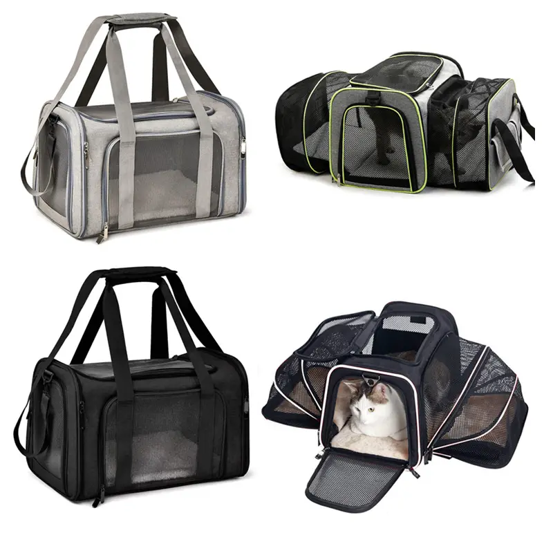 Large Soft Sided Pet Travel TSA Carrier 4 Sides Expandable Cat Collapsible Carrier with Removable Fleece Pad and Pockets