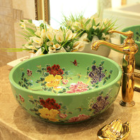 Lavabo de porcelana de estilo europeo artístico de China, lavabo redondo verde con patrón de peonía, lavabo de cerámica a la venta