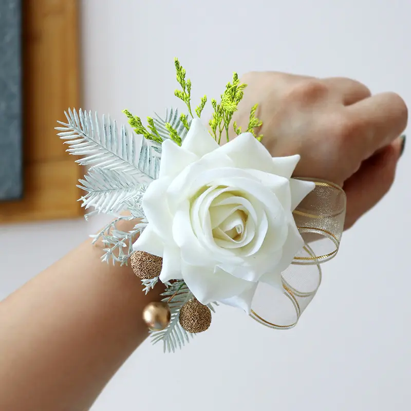 Top Sale Decorative Bridal Faux Ribbon Wrist Flower Wedding White Green Rose red Flower Corsage
