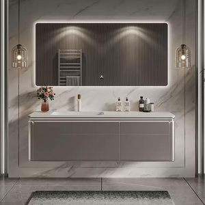 Meuble-lavabo mural <span class=keywords><strong>de</strong></span> <span class=keywords><strong>salle</strong></span> <span class=keywords><strong>de</strong></span> <span class=keywords><strong>bain</strong></span> moderne <span class=keywords><strong>de</strong></span> luxe en PVC, personnalisable en gros, avec lavabo intégré et <span class=keywords><strong>miroir</strong></span> intelligent LED anti-buée rétroéclairé - Product Image 1