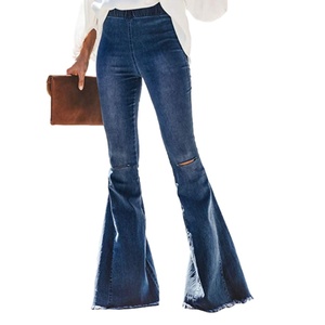 2025 Spring Fashion Destoryed Flare Elastic Waist <b>Bell</b> Bottom Hem Denim Pants Plus Size Women's Jeans - Product Image 1