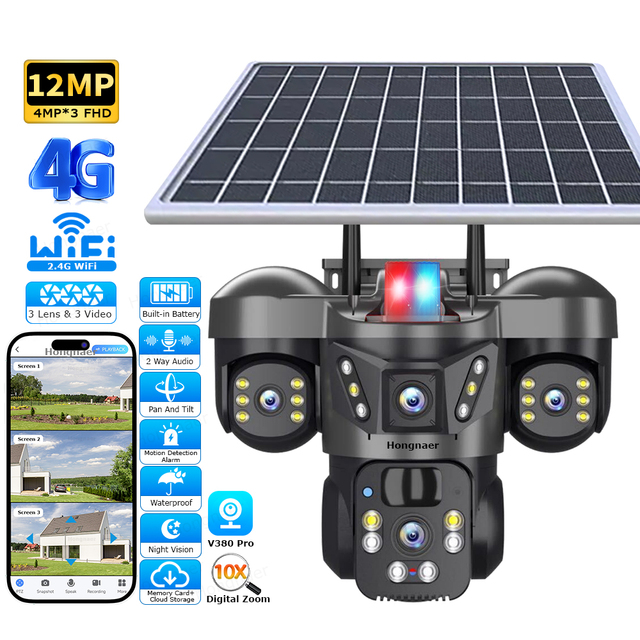 Hongnaer 12MP 3 Lens Solar Power Wireless Surveillance Video PTZ Camera V380 Pro WiFi 4G Sim Card Security CCTV 4G Solar Camera