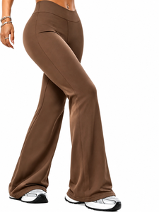 High Waist Flared Leg Yoga <b>Leggings</b> Full Length Solid Color Stretchy Fabric Seamless Design <b>Brown</b> - Product Image 1