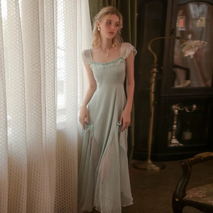 Ropa de Dormir de Lujo Ligero para Mujer, Estilo Francés, Camisón de Seda con Parches de Malla, Vestido Largo de Noche para Dama - Product Image 3