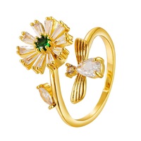 Bague ouverte Bee-flower Fresh Daisy pour femme, style européen, bague rotative, cuivre micro-serti de zirconias, bague élégante et tendance