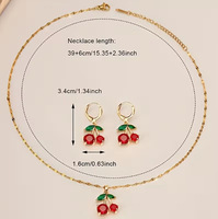 Set Perhiasan Paduan Logam Desain Bunga Ceri Manis Trendi, Kalung Anting Gelang Kristal Rhinestone Merah Hijau, Hadiah Pesta