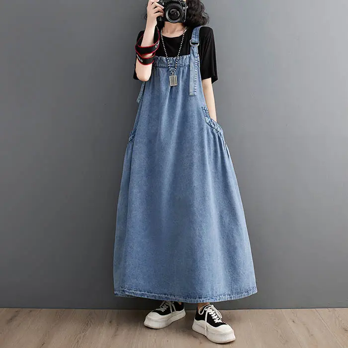 QZ19 Wholesale 2013 Loose Solid Color Retro Design Strap Dress Denim Skirt Women Casual Dresses Plus Size 8