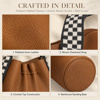 Sac seau pour femme en cuir marron caramel avec poignée tressée, porté épaule ou croisé, base structurée, usage quotidien, vente en gros