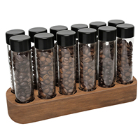 Tubes de stockage de café en grains à dose unique modernes, 12 flacons doseurs en verre, conteneurs scellés, support en bois de noyer