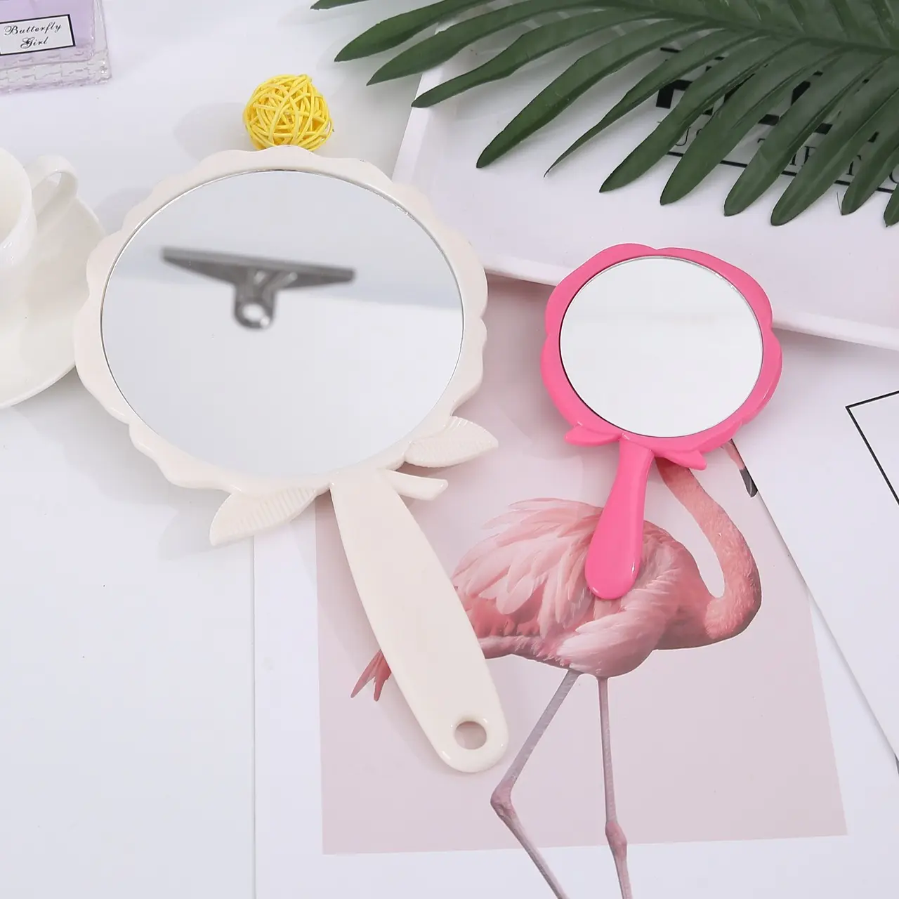 Rose Flower shaped Wholesale Student Dormitory Cute Princess Portable Fancy Small Makeup Mirror With Handle