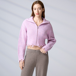 High-End Customizable Streetwear Knitwear OEM/ODM Zip-Up <b>Cardigan</b> <b>Sweater</b> Women's Frayed Cropped Knit Jacket - Product Image 4