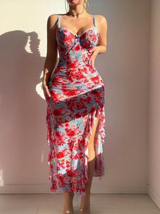 Robe de nuit sexy en maille florale à fines bretelles, fente haute, sans manches, avec dentelle, tenue d'été, lingerie sexy pour femme - Product Image 5