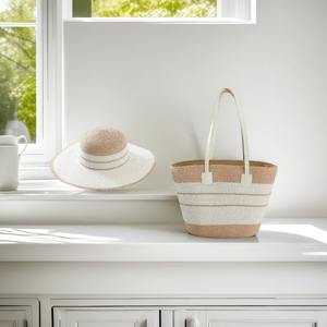 Ensemble assorti <span class=keywords><strong>chapeau</strong></span> de plage et sac en paille – Visière pare-soleil et sac fourre-tout tissé rayé, essentiels de l'<span class=keywords><strong>été</strong></span> pour femmes et stations balnéaires - Product Image 4