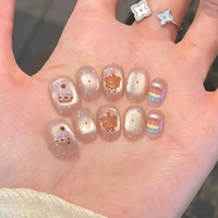 Faux ongles à presser pour femmes, nude transparent, courts carrés, brillants, avec motif ours et points arc-en-ciel, pour détails fins et style minimaliste, vente en gros