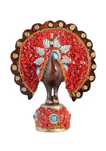 Handcrafted Wooden Peacock Decor Traditional Tabletop <b>Ornament</b> <b>Red</b> Beaded Design Indoor Living Room Art Piece - Product Image 4
