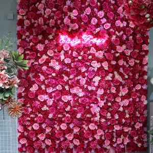 A-151 Artificial Floral Backdrop Backdrop Roll Up 3D Rose Wall Panels Hot Pink Flower Wall