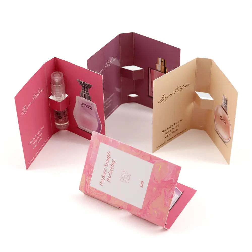 Custom Bedrijfslogo Afdrukken Parfum Tester Kaart 1Ml/1.2Ml/2Ml/3Ml Kleine Spuitfles Parfum Monster Kaarten