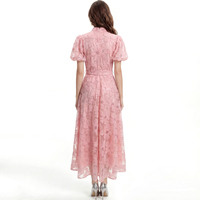 Elegante Vestido Midi de Verano para Mujer con Cuello Mao, Manga Corta Abullonada, Cinturón en la Cintura y Botones de Encaje, Lavable