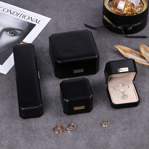 Boîte à bijoux en cuir PU avec charnière en plastique noire octogonale de petite taille personnalisée Boyang - Product Image 6