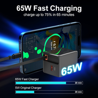 Chargeur de Voyage 65W à 2 Ports USB A+C avec Câble Type-C Rétractable, Prise UK/US/UE, Adaptateur Secteur à Charge Rapide PD QC 3.0