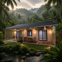 Maison de jardin préfabriquée modulaire avec terrasse extérieure couverte, porte coulissante en verre et éclairage chaleureux pour villa de retraite