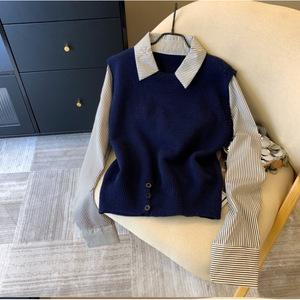 Camiseta de punto para mujer, a rayas, con solapa, efecto dos piezas, corte holgado, manga larga, cuello polo, diseño suave con empalmes - Product Image 1