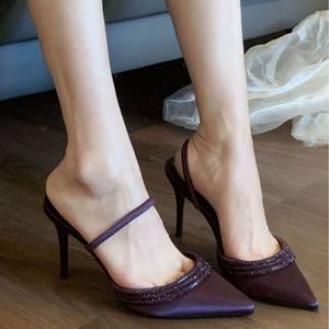 Waterdrop One-Piece Satin <b>Sexy</b> Open Toe Summer High Heel Stiletto Heel Breathable Lightweight Genuine Leather Women's Slipper - Product Image 4