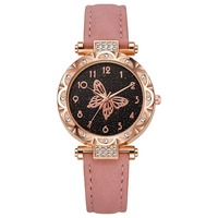 Montre à quartz papillon de luxe exquise pour femme, ton or rose, lunette en verre, bracelet en cuir, chiffres arabes, aiguilles simples