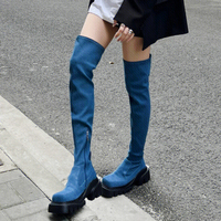 Botas De Dama à la mode talon haut Denim 6CM talon haut plate-forme épaisse sur le genou cuissardes pour les femmes