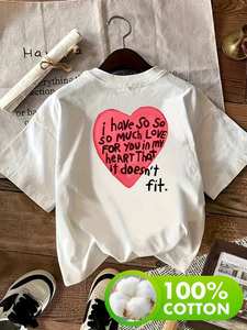 T-shirt casual con scollo rotondo per donna, manica corta, stampa con lettere a forma di cuore, bianco, abbigliamento primaverile ed estivo, vestibilità comoda, taglia regolare - Product Image 3