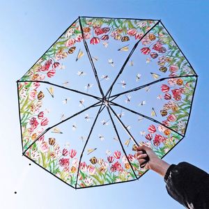Petit parapluie créatif transparent semi-automatique à trois plis, populaire sur internet, pour étudiants et couples, idéal pour le soleil - Product Image 2