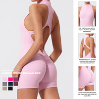 Combinaison de yoga une pièce sans manches pour femme, avec logo personnalisé, demi-zip, col montant, dos nu, coupe froncée aux fesses, écologique, vente en gros