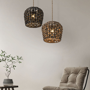 Abat-jour cylindrique en paille tressée fait main, jaune et noir, écologique, pour maison d'hôtes, hôtel, restaurant, décoration rétro - Product Image 4