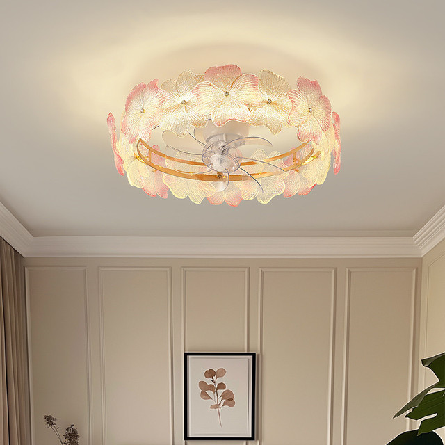 French Luxury Pink Glass Ceiling Lamp with Fan for Living Dining Room Villa Hotel Cafe Remote Control Mode Fan Lights
