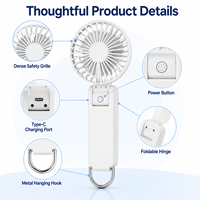 Ventilateur portatif pliable, mini ventilateur de refroidissement USB, 2400mAh, rechargeable par Type-C, vent puissant pour les voyages d'été, le camping