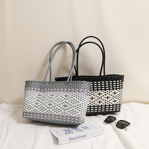 Fashion Plastic <strong>Woven</strong> Shoulder <strong>Bag</strong> - New Vegetable <strong>Basket</strong> Tote, Diamond Straw Beach <strong>Bag</strong> Vacation Resort Handbag - Product Image 2