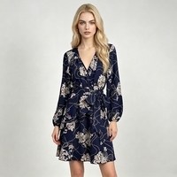 Nouvelle Arrivée 2026 – Robe Mini Décontractée pour Femme, Bleu Marine, Imprimé Floral, Manches Longues, Col en V, Ceinturée, Volants, Idéale pour les Fêtes – Vente en Gros OEM