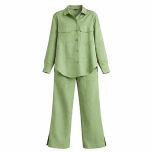 Completi da Donna, Set Personalizzati Ecologici con Camicia Verde in Lino e <span class=keywords><strong>Pantaloni</strong></span> Lunghi con Elastico in Vita, Fornitore di Alta Qualità - Product Image 5