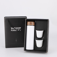 Set Botol Termos 500 ML dengan Tutup Bambu, Tumbler Air Stainless Steel dengan Dua Cangkir, Set Hadiah