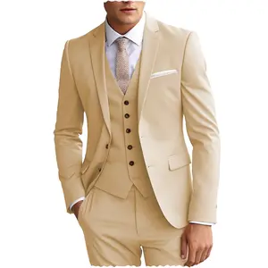 时尚香槟男士套装修身3件套燕尾服缺口翻领运动上衣背心晚宴裤
