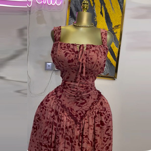 Superventas, ropa de mujer europea y americana, novedad de verano 2025, Correa estampada fresca dulce, cuello en V, cintura alta, adelgazante, línea A <span class=keywords><strong>D</strong></span> - Product Image 4