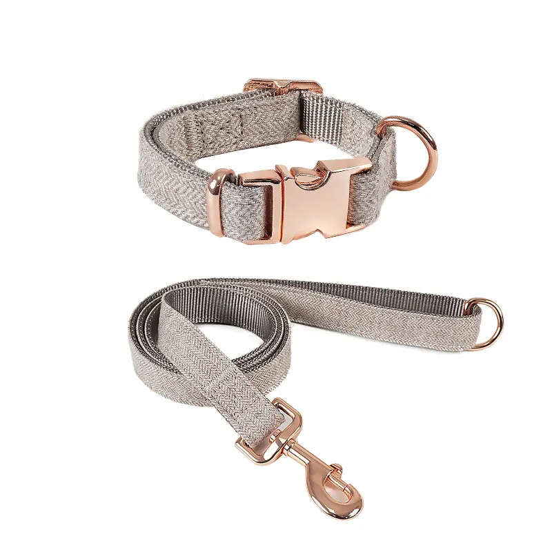 Wholesale Fashion Durable Gold Rose Twill Fabric Pet Dog Leash Lead Collar Set for Pet Dog Walking Running Dog Accessories